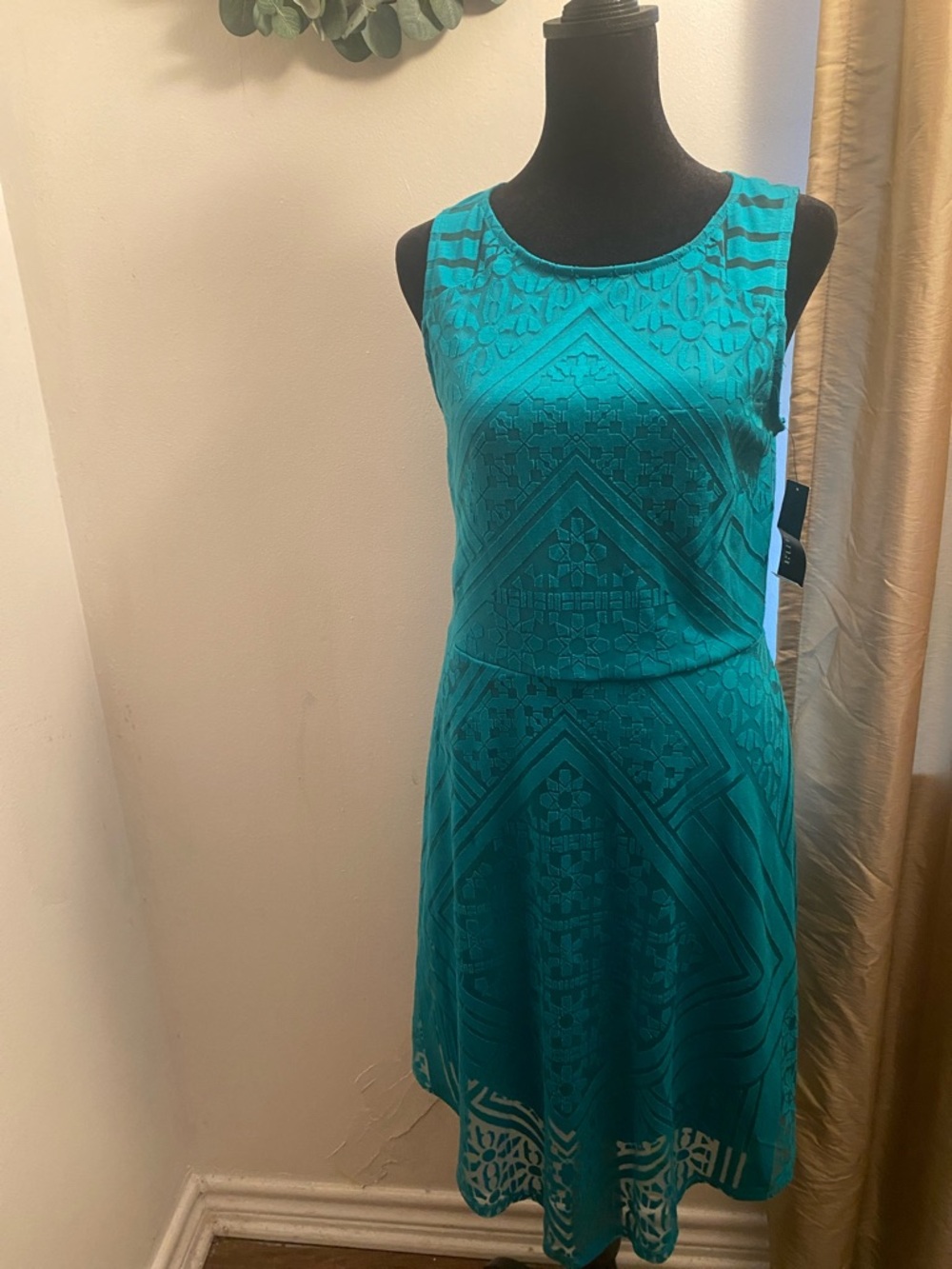 Sleeveless Teal Textured A-Line Midi Dress